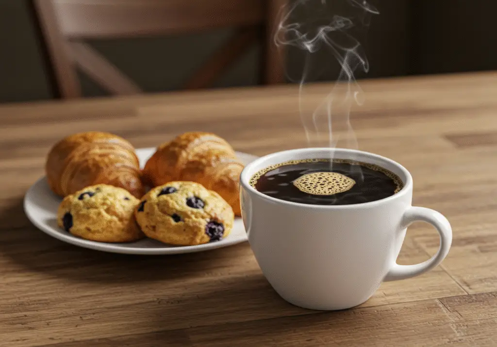 Styled coffee cup of Tasty n Alder's Aromatic Coffee on a wooden table, perfect for enjoying the rich flavors.
