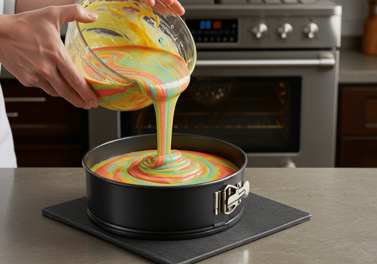 Pouring colorful batter into a cake pan for the Ultimate Atomic Cake Sensation, an eye-catching dessert idea.