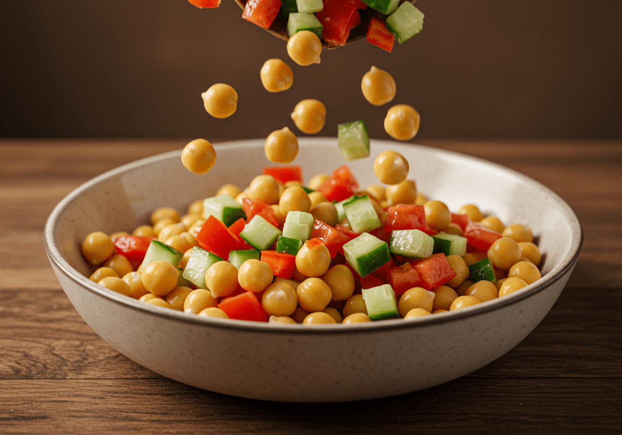 Chickpeas mixed with fresh vegetables for a Vegan Chickpea Salad.