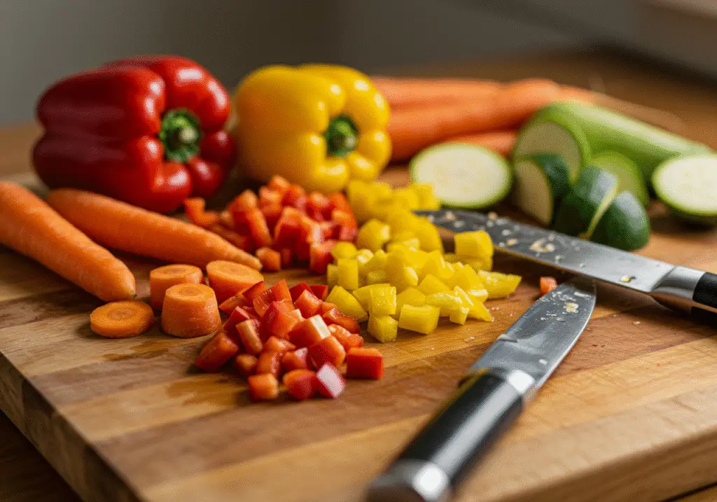 Colorful vegetables being diced for a Vibrant Veggie Power Bowl.
