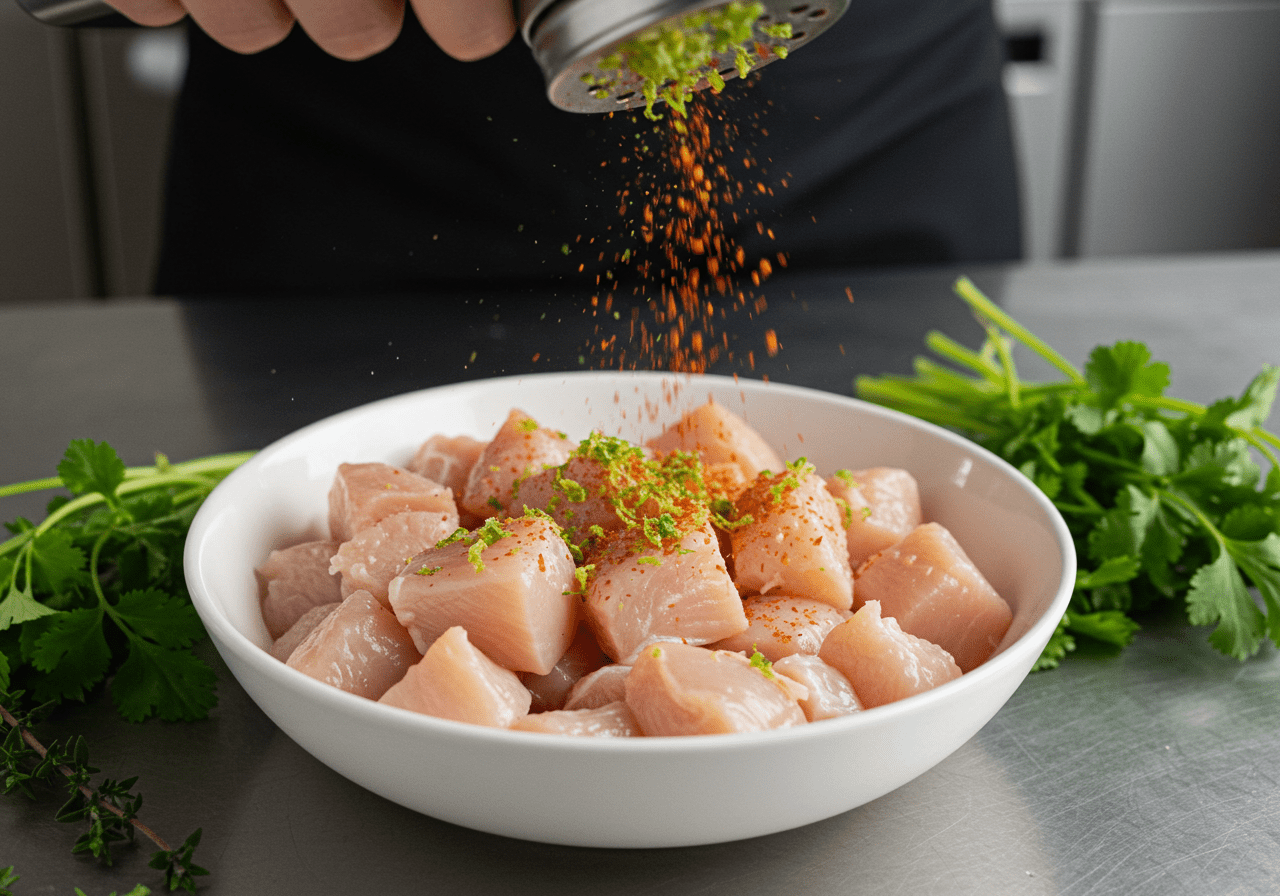 Fresh chicken breast being prepared for chili lime chicken recipe with zesty lime and chili powder.