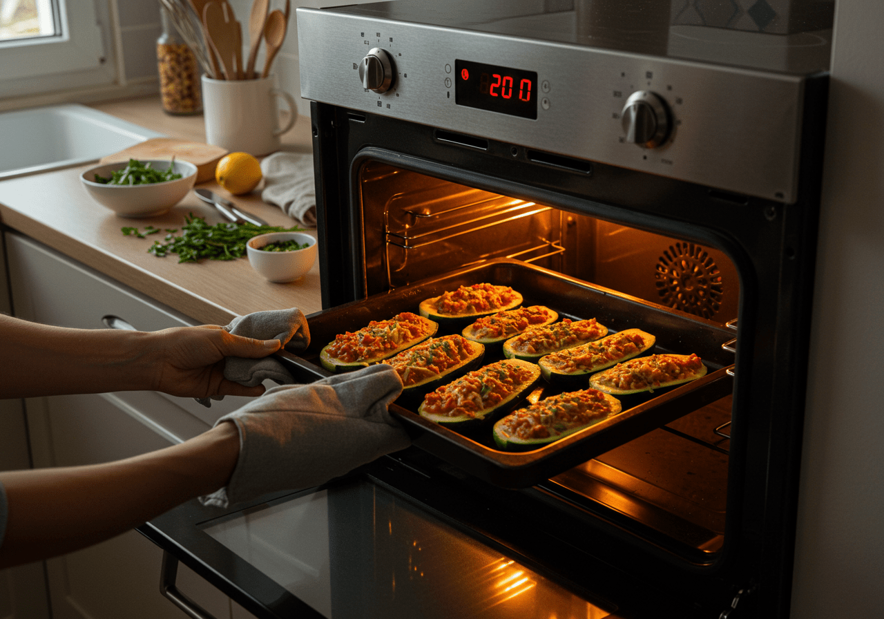 Zucchini Pizza Boats being placed in the oven for baking.