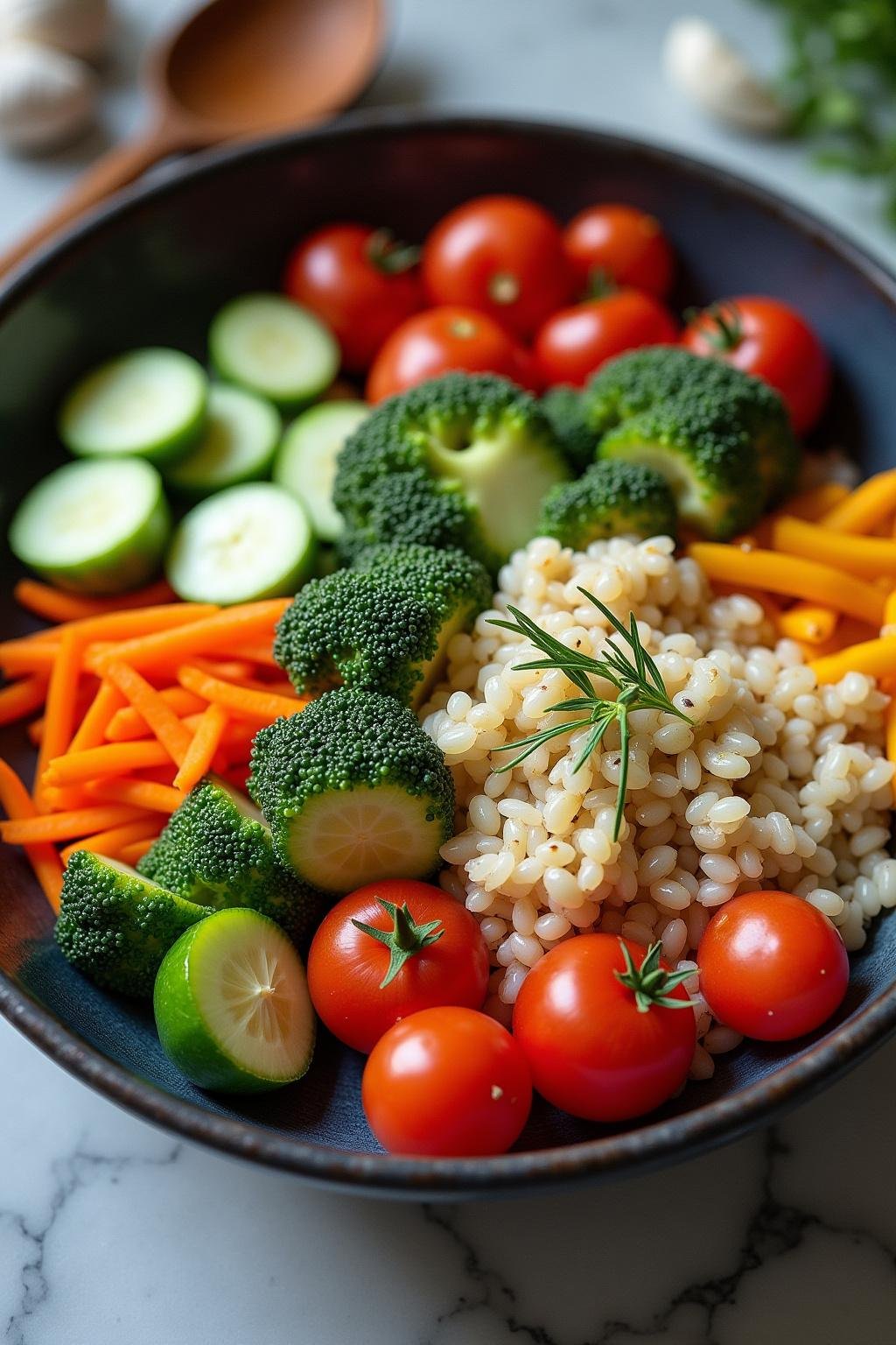 A nutritious prebiotic meal with vegetables and grains promoting digestive wellness and fiber intake