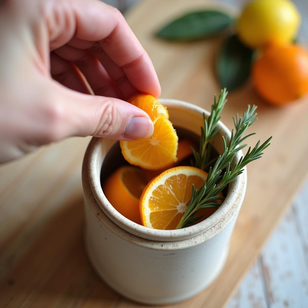 Person preparing a homemade air freshener using citrus peels and herbs in a reusable container, demonstrating DIY food scrap ideas.