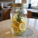 DIY food scrap air freshener with lemon slices, rosemary, and baking soda in a glass jar on a kitchen counter.