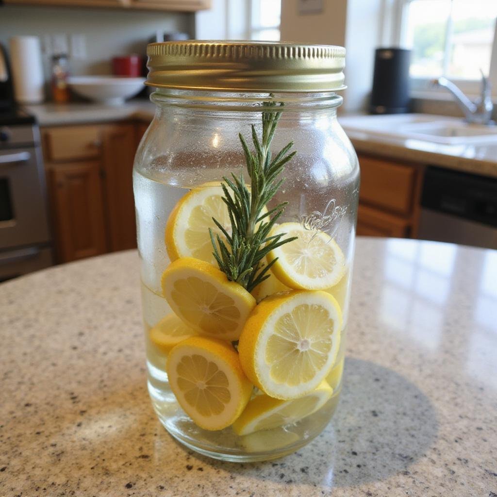 DIY food scrap air freshener with lemon slices, rosemary, and baking soda in a glass jar on a kitchen counter.