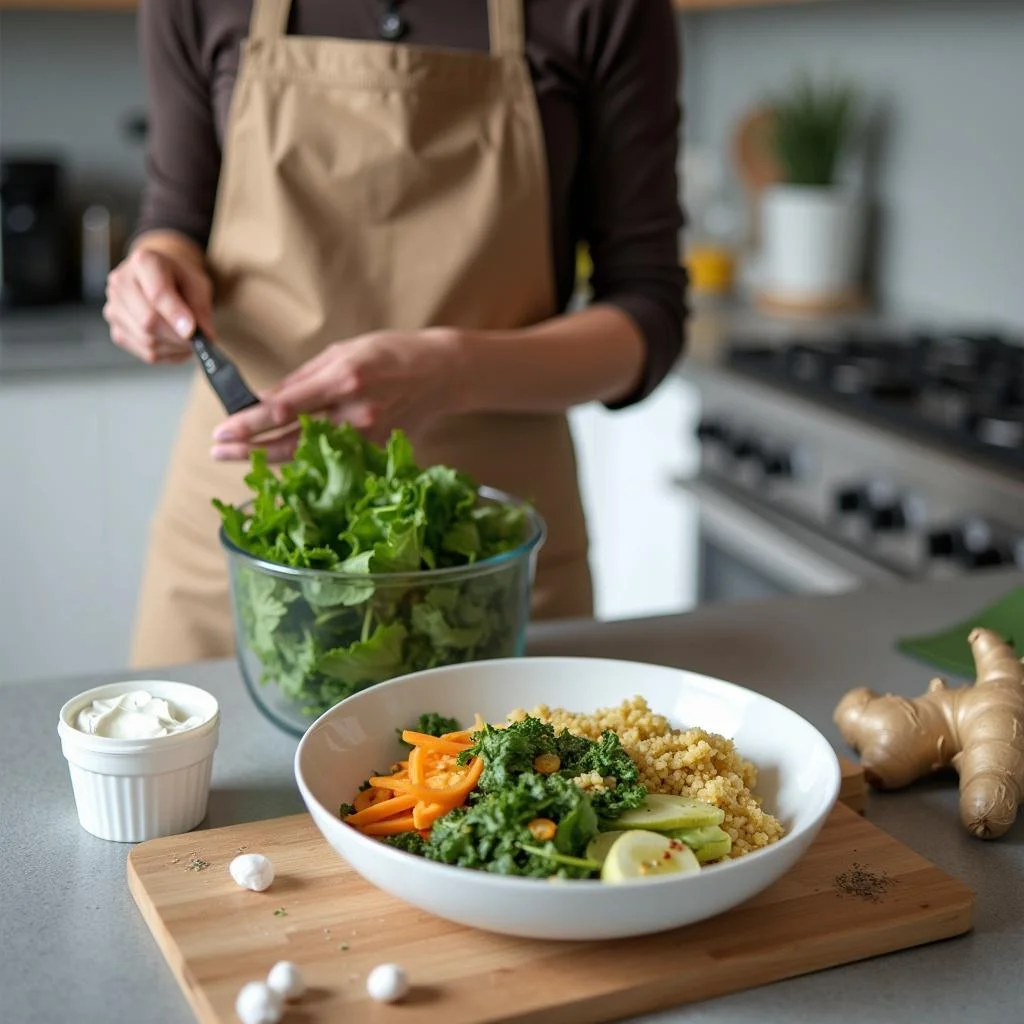 Person cooking a gut-friendly meal with fresh ingredients for a 3-day gut reset plan in a modern kitchen.