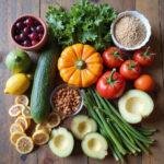 Healthy gut reset meal plan with fresh vegetables, fruits, and grains on a wooden table.