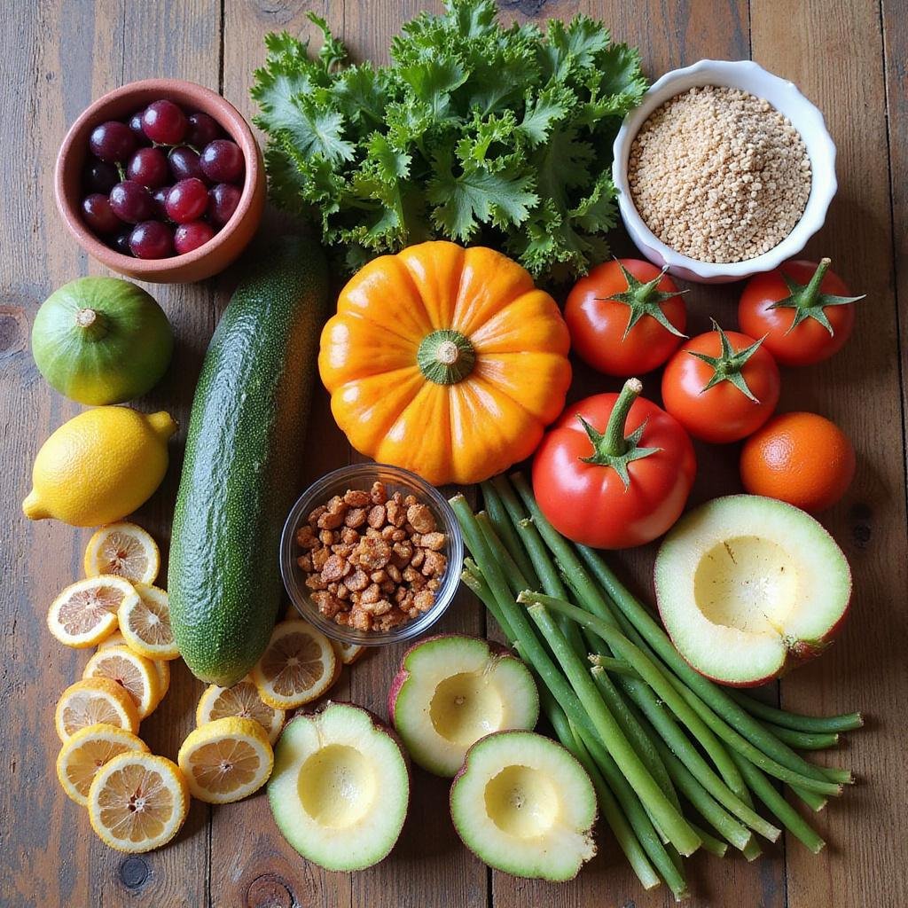 Healthy gut reset meal plan with fresh vegetables, fruits, and grains on a wooden table.
