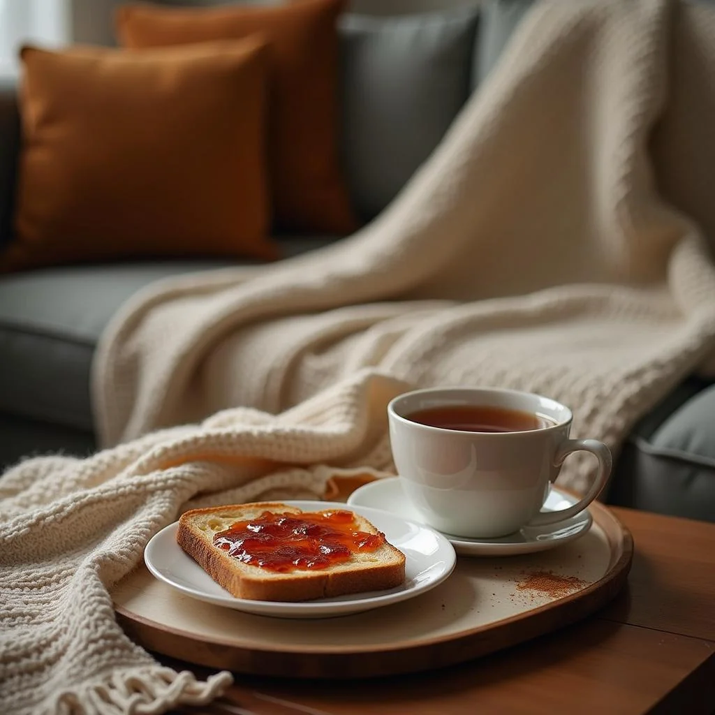 A relaxing scene of a blanket, tea, and homemade toast, ideal for comforting oneself during tough mental health days