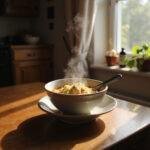 A warm bowl of chicken noodle soup on a wooden table, representing comfort food for mental health days