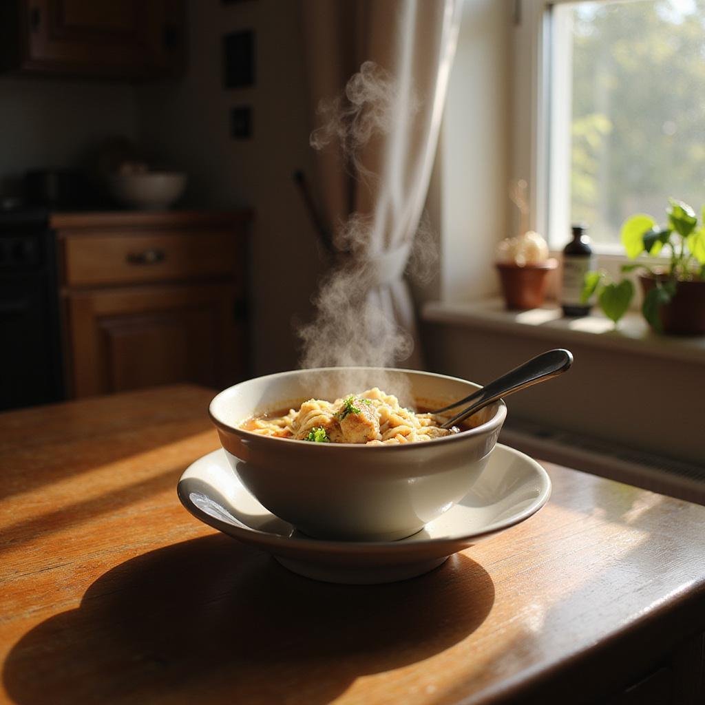 A warm bowl of chicken noodle soup on a wooden table, representing comfort food for mental health days