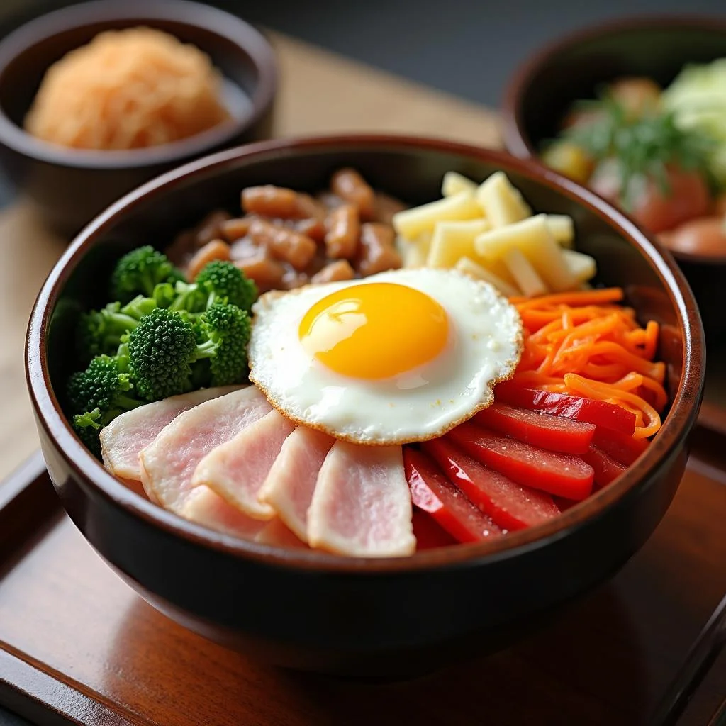 A bowl of homemade Bibimbap with fresh vegetables and egg, perfect for beginners learning Korean cuisine