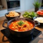 A beginner cooking Kimchi stew with vegetables and rice in a modern kitchen, emphasizing simplicity for beginners