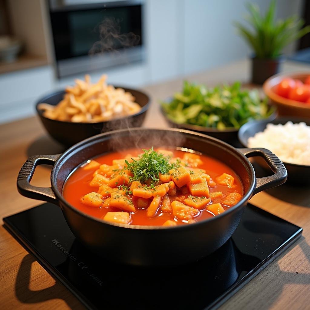 A beginner cooking Kimchi stew with vegetables and rice in a modern kitchen, emphasizing simplicity for beginners