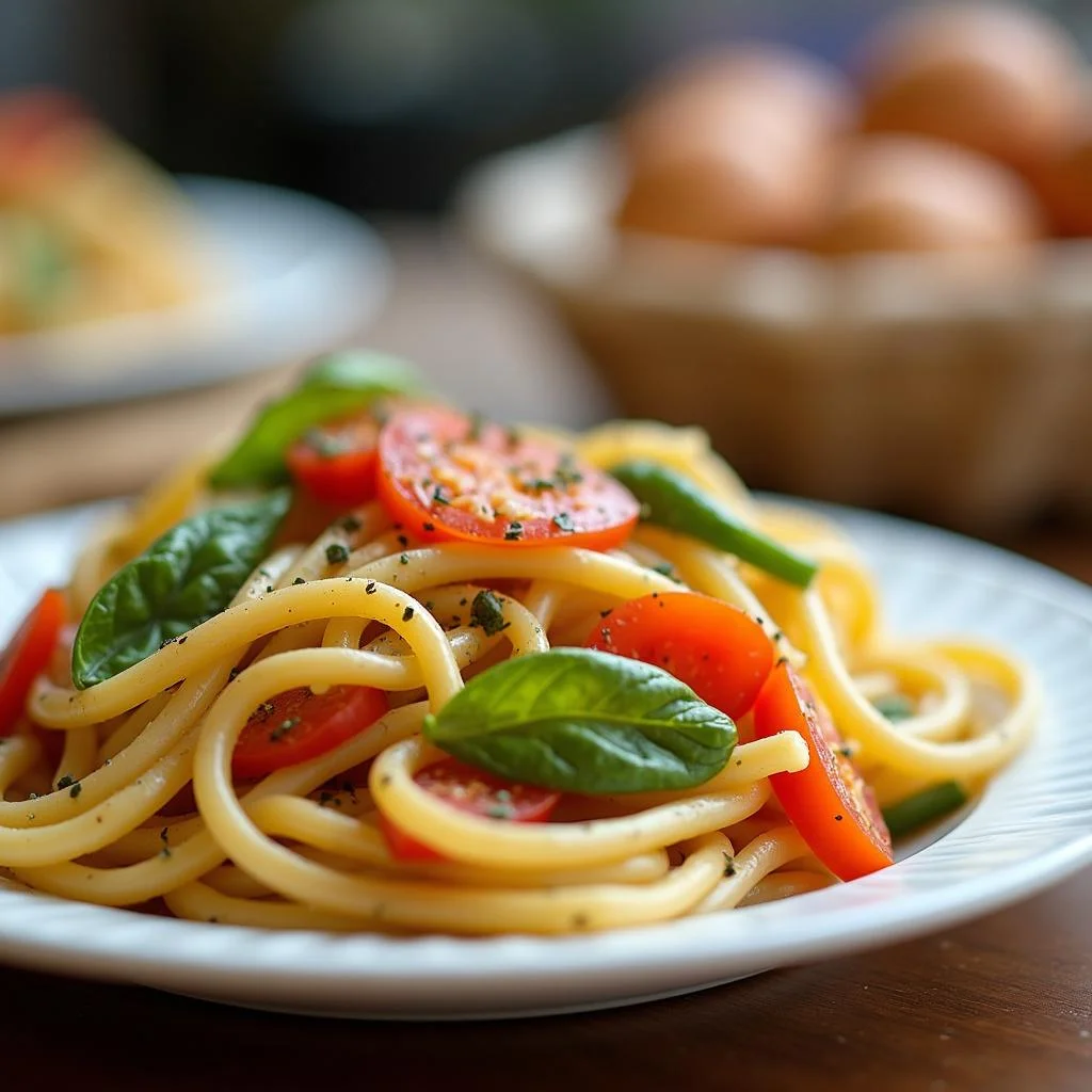 Close-up of a budget-friendly colorful plate with pasta and vegetables, illustrating inexpensive meal options under USD2.
