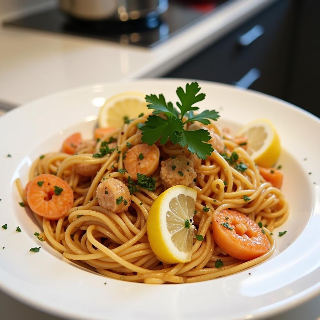 Seafood pasta dinner with lemon and herbs, ideal for quick Mediterranean meals on busy evenings.