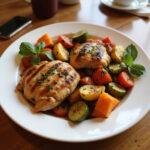 Mediterranean grilled chicken dinner with vegetables on a rustic wooden table, perfect for busy weeknights.