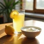 A healthy breakfast with lemon water and probiotic yogurt to boost gut health in the morning