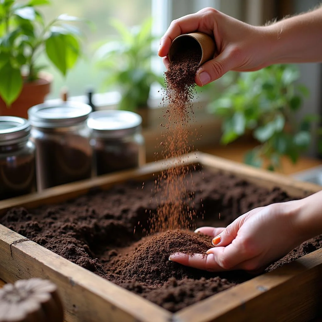 Person adding coffee grounds to garden soil to promote plant growth, illustrating kitchen reuse methods.
