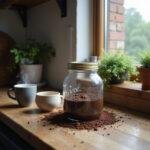 Kitchen scene with coffee grounds, coffee mug, and plant for recycling reuse tips.
