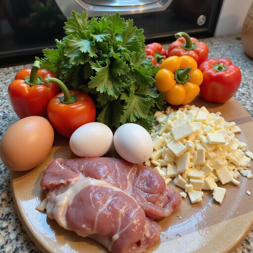 Top-down view of a kitchen countertop with fresh vegetables, eggs, cheese, and cooked meat ingredients for versatile recipes