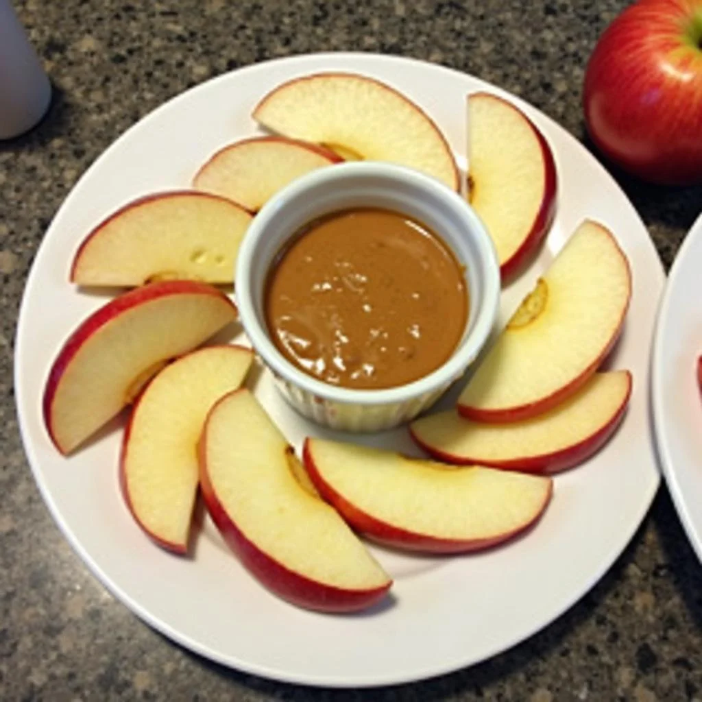 Crisp apple slices served with a side of almond butter, ready for snacking.