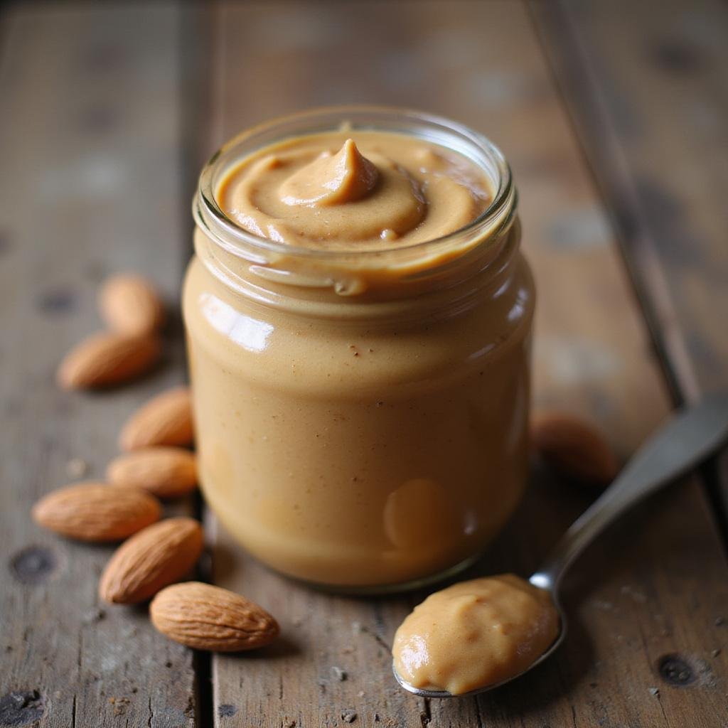 Creamy almond butter in a jar with a spoon on a wooden table, showcasing a delicious spread.