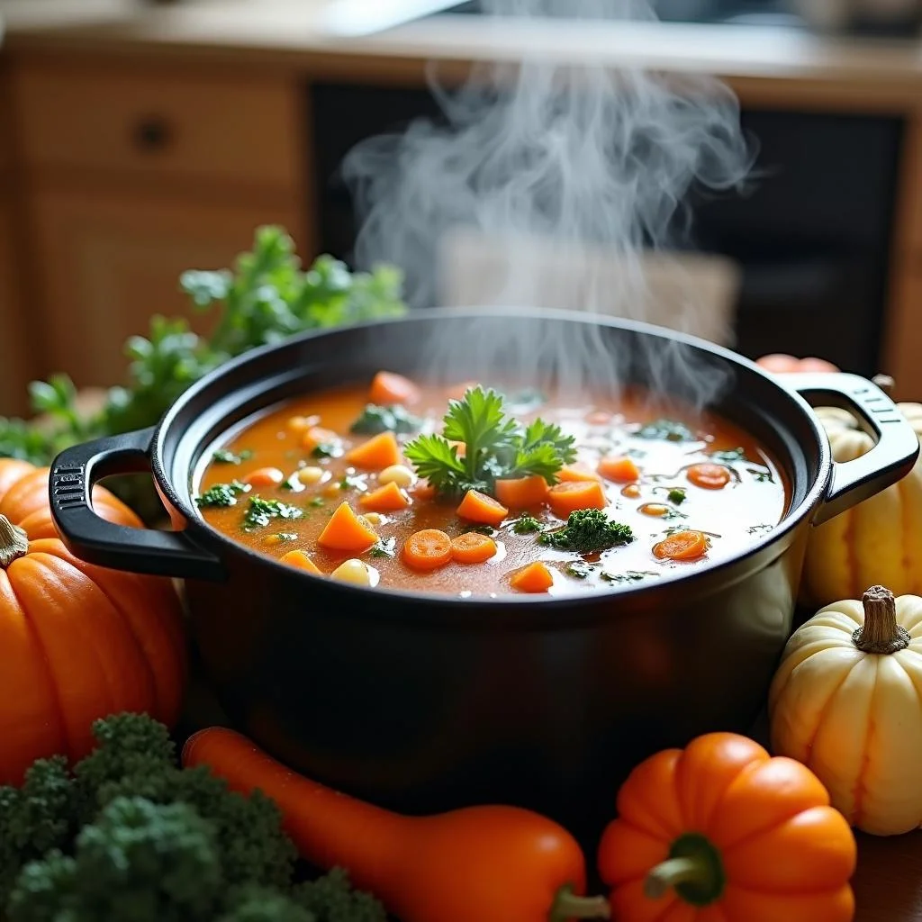 A warm pot of vegetable soup with autumn vegetables, evoking comfort and the feeling of a fall hug in a homely kitchen.