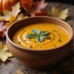 A cozy bowl of pumpkin soup with herbs, representing a comforting autumn dish on a wooden table with fallen leaves.