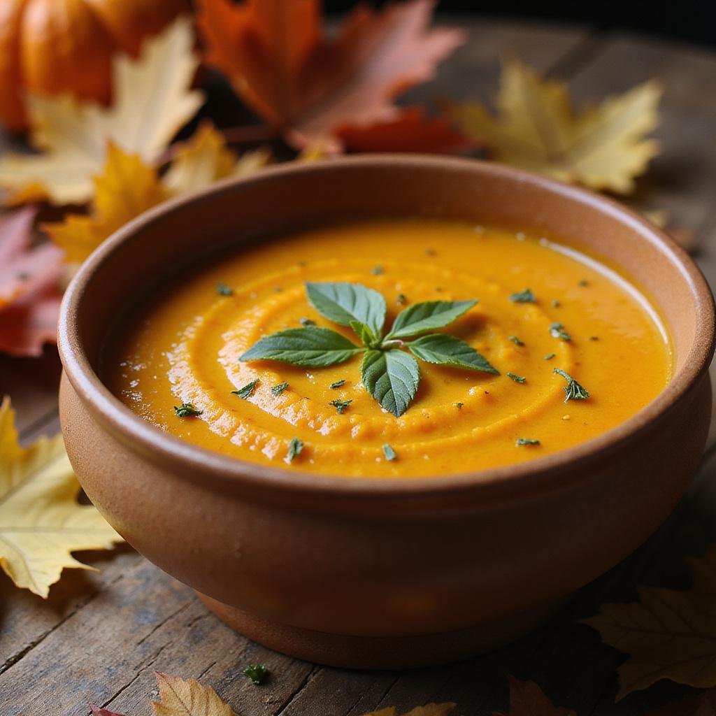 A cozy bowl of pumpkin soup with herbs, representing a comforting autumn dish on a wooden table with fallen leaves.