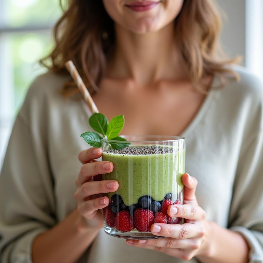 Woman drinking a healthy green smoothie for natural hormone balance during breakfast.