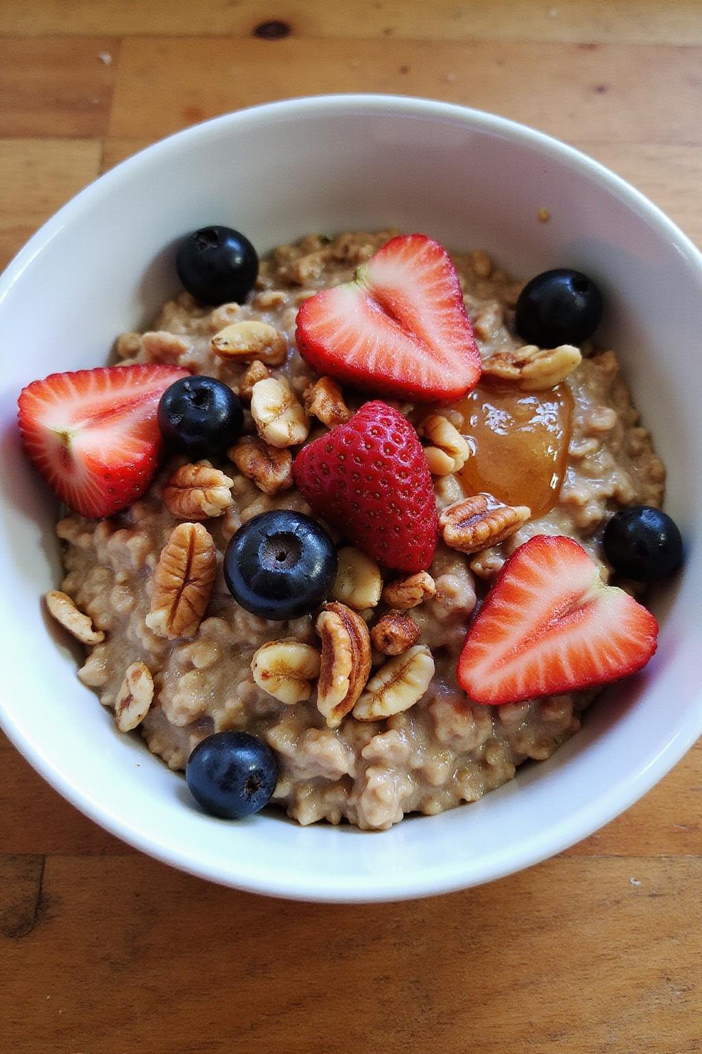 Healthy breakfast with oatmeal, mixed berries, nuts, and honey for gut health