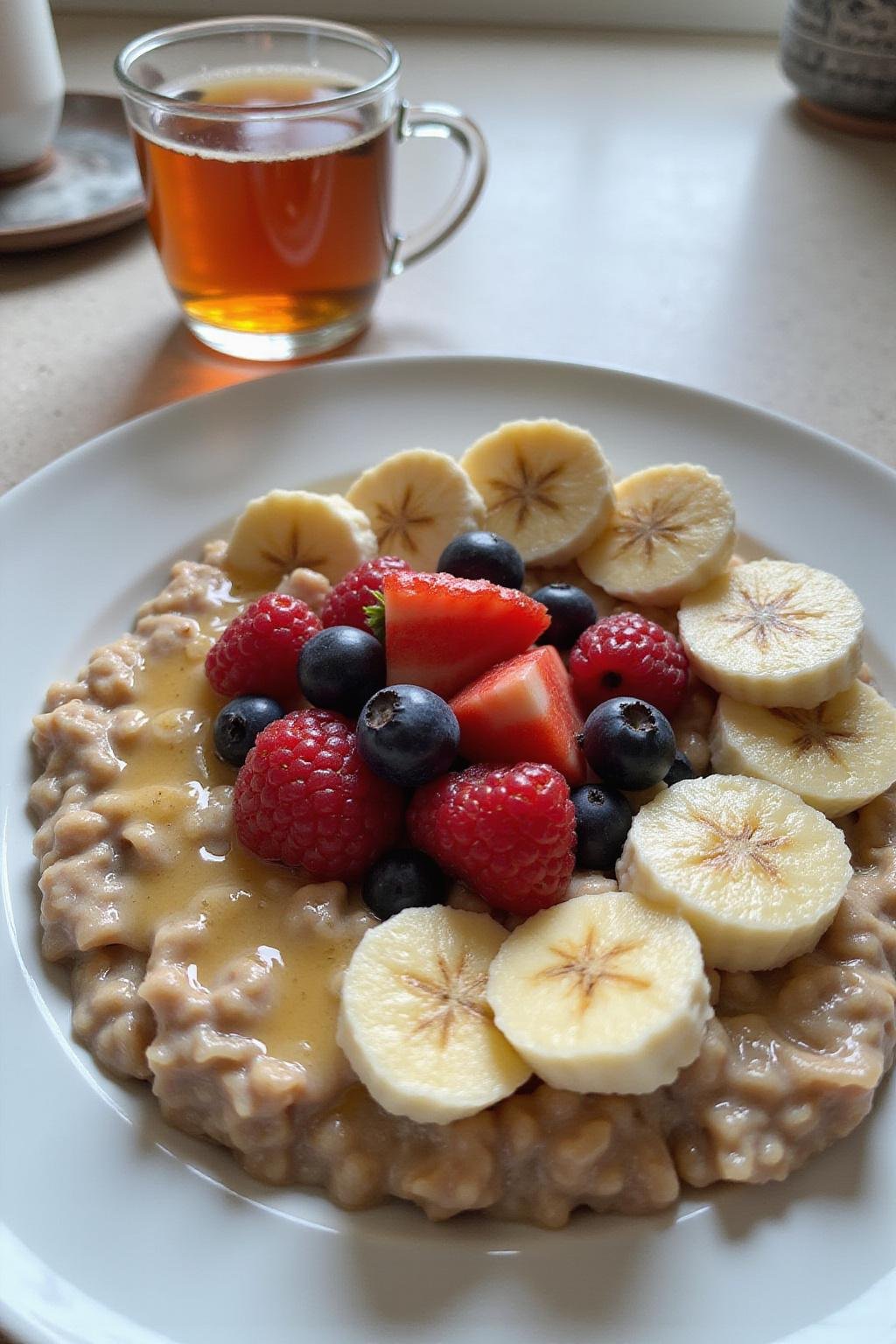 Healthy breakfast with oatmeal, berries, bananas, and herbal tea, promoting a balanced gut.
