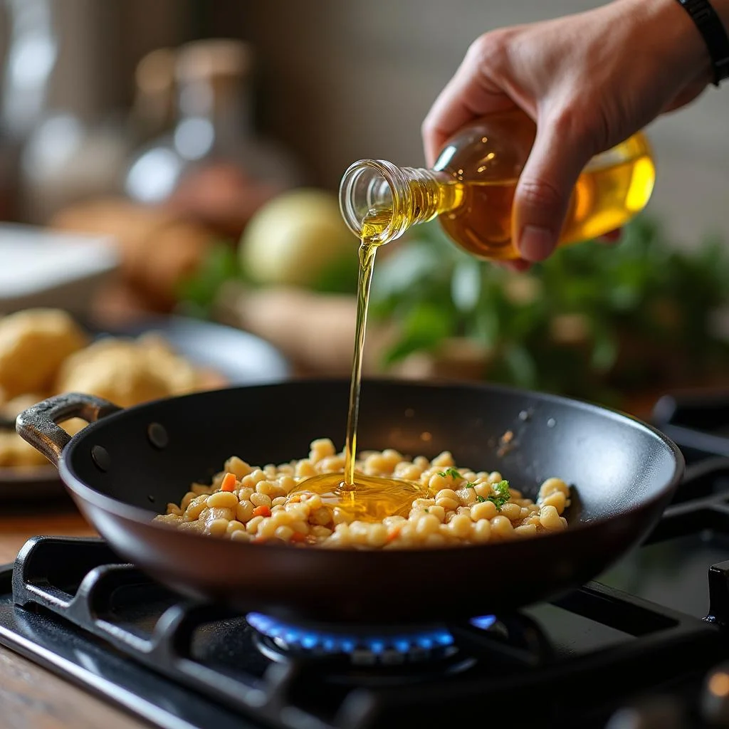 Person pouring cooking oil into a frying pan on a stove for cooking