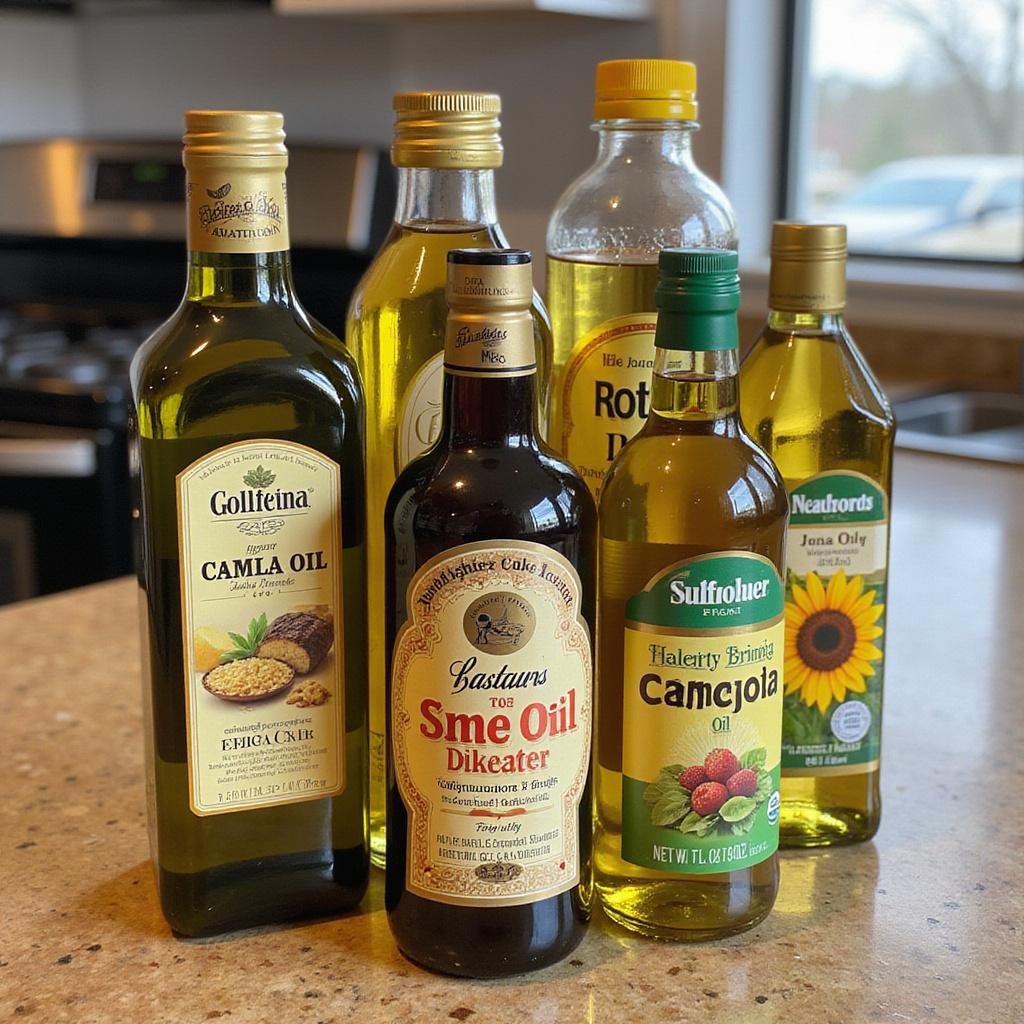 Assorted cooking oils like olive, canola, and sunflower on a kitchen counter for cooking and cleaning