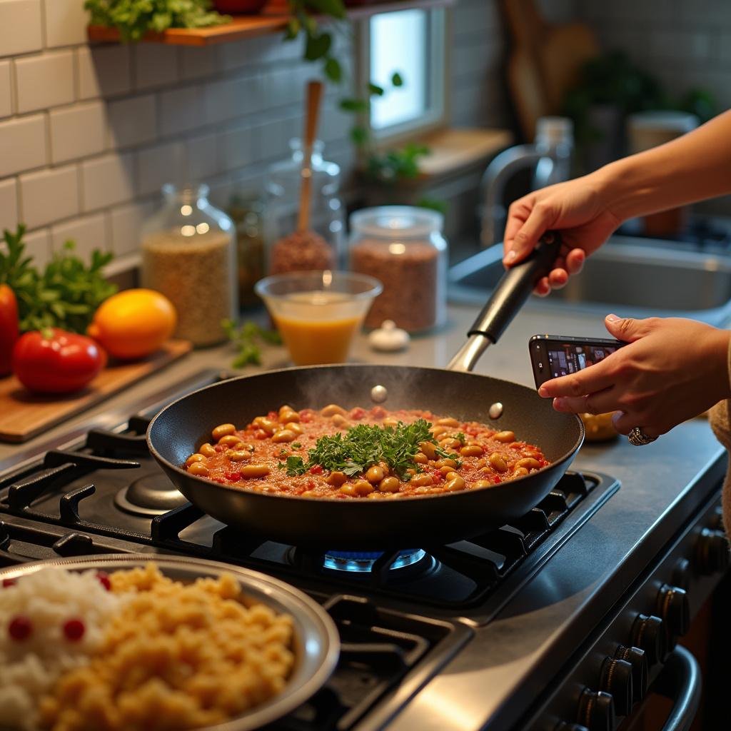 Person cooking quick Brazilian dishes in a kitchen with ingredients like beans, rice, and spices on the counter