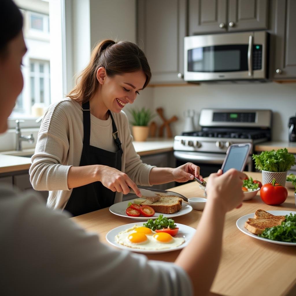 Person preparing a nutritious breakfast with eggs, vegetables, and toast in a bright kitchen setting.
