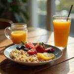 Healthy breakfast with oatmeal, fresh fruits, and orange juice on a wooden table, sunlight streaming in.