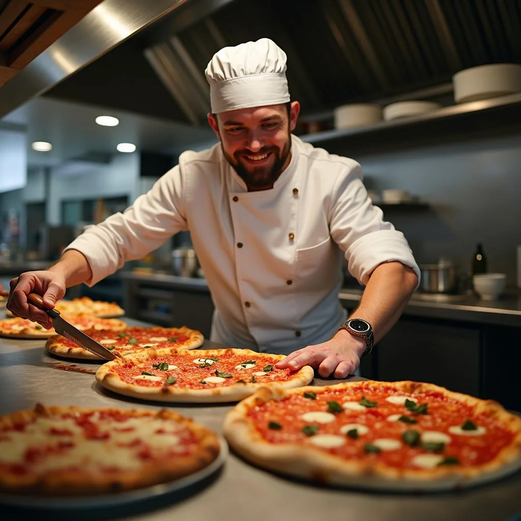 Bruno's pizza menu being prepared by a chef in the kitchen, highlighting the making of delicious pizzas.
