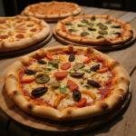 Bruno's pizza menu featuring assorted colorful pizzas with various toppings displayed on a rustic table.
