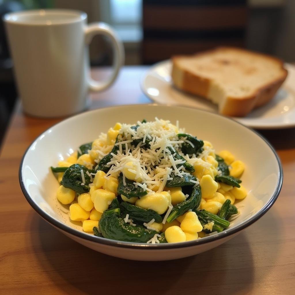 Easy and inexpensive breakfast with scrambled eggs, spinach, cheese, and toast on a plate.