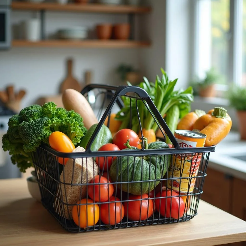 Grocery shopping basket filled with low-cost vegetables, grains, and canned foods, suitable for a budget meal plan for the month.