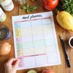 Weekly meal planner on a wooden table with affordable grocery items, illustrating a budget meal plan for the entire month.
