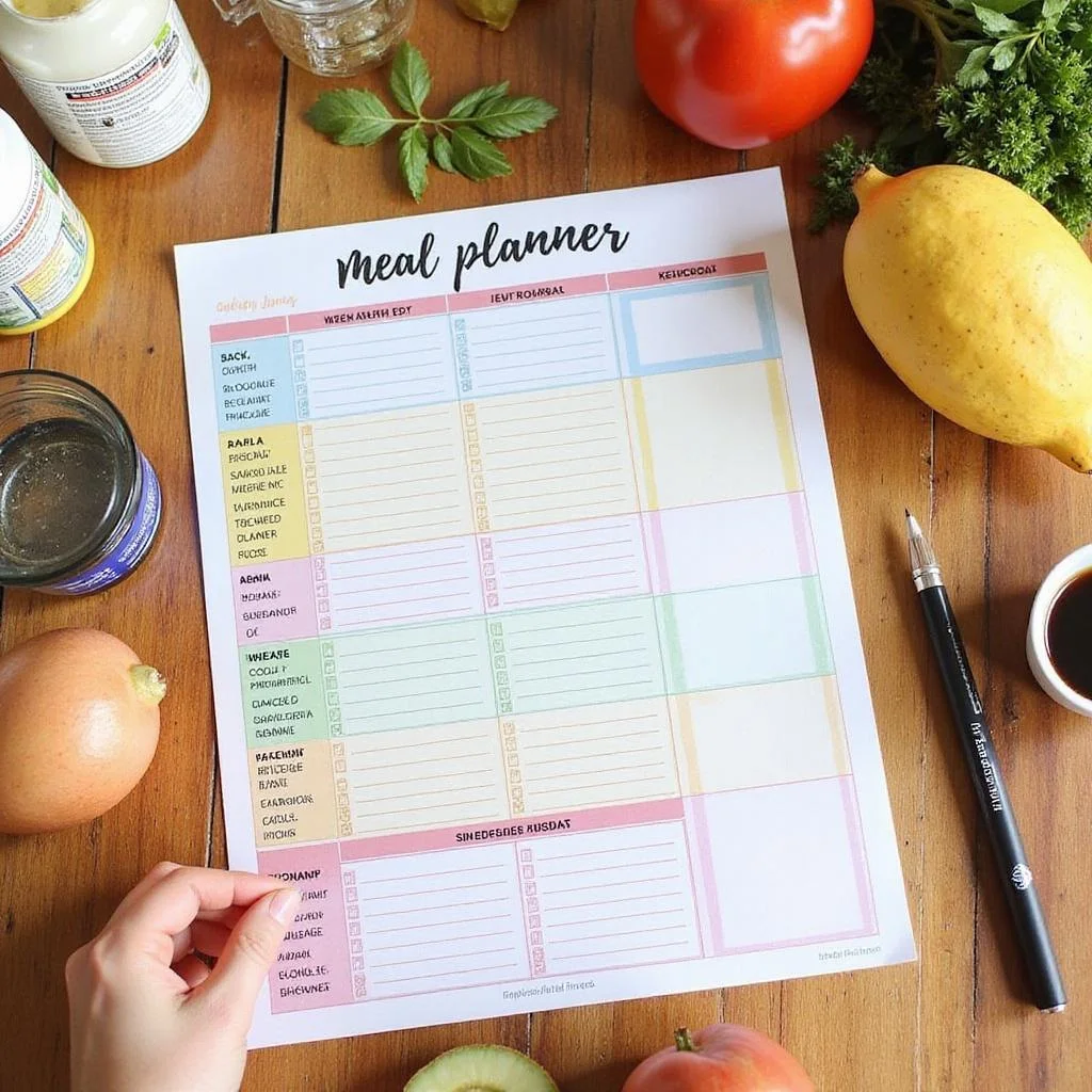 Weekly meal planner on a wooden table with affordable grocery items, illustrating a budget meal plan for the entire month.