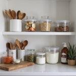 Clean kitchen countertop with reusable containers and eco-friendly utensils promoting a no-waste kitchen routine.