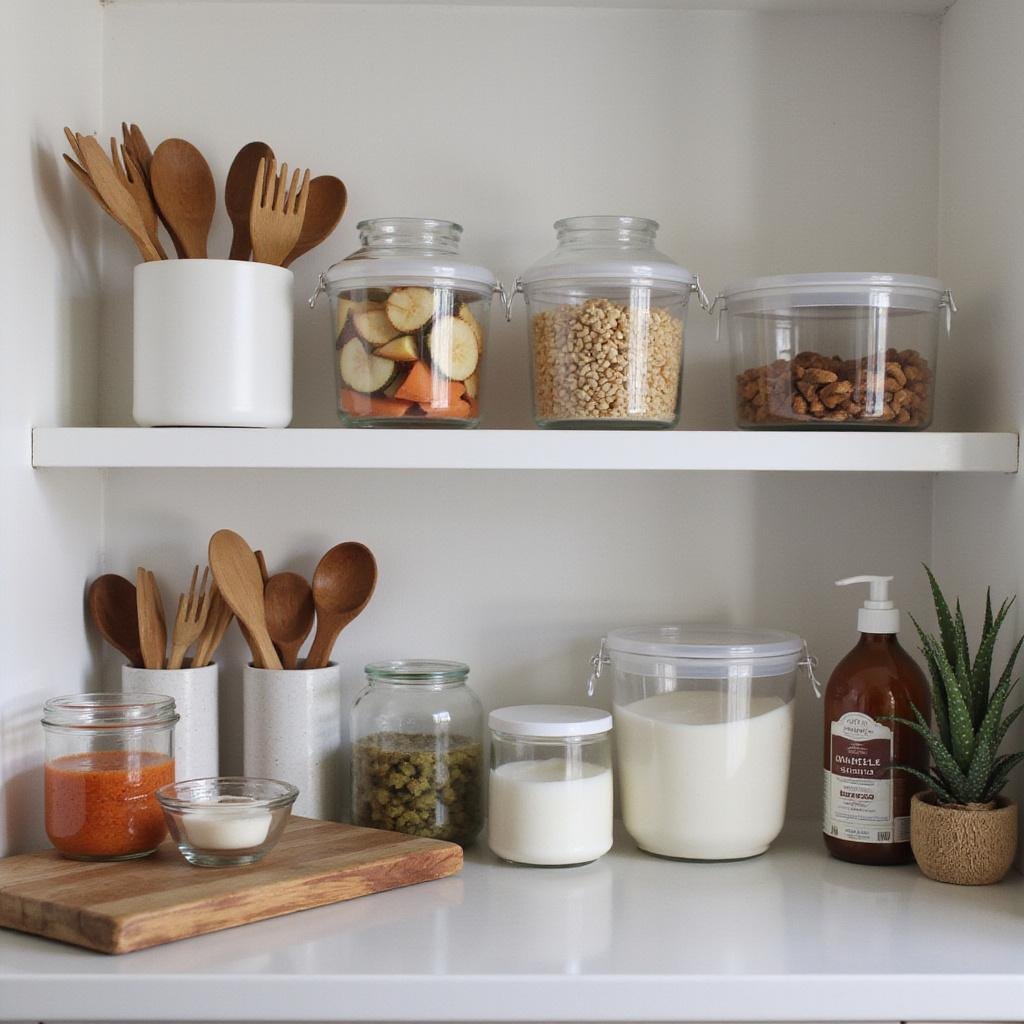 Clean kitchen countertop with reusable containers and eco-friendly utensils promoting a no-waste kitchen routine.