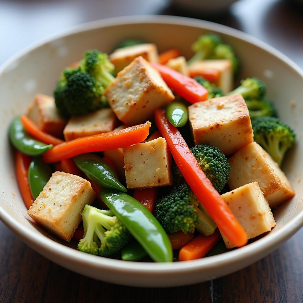 Vegetable stir-fry with tofu, colorful peppers and greens, representing a nutritious and budget-friendly meatless meal.