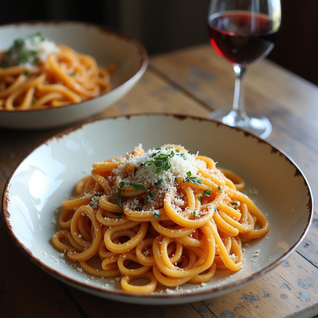 Affordable gourmet pasta dish with herbs and cheese, served with a glass of wine on a rustic table, ideal for impressing guests without spending much.