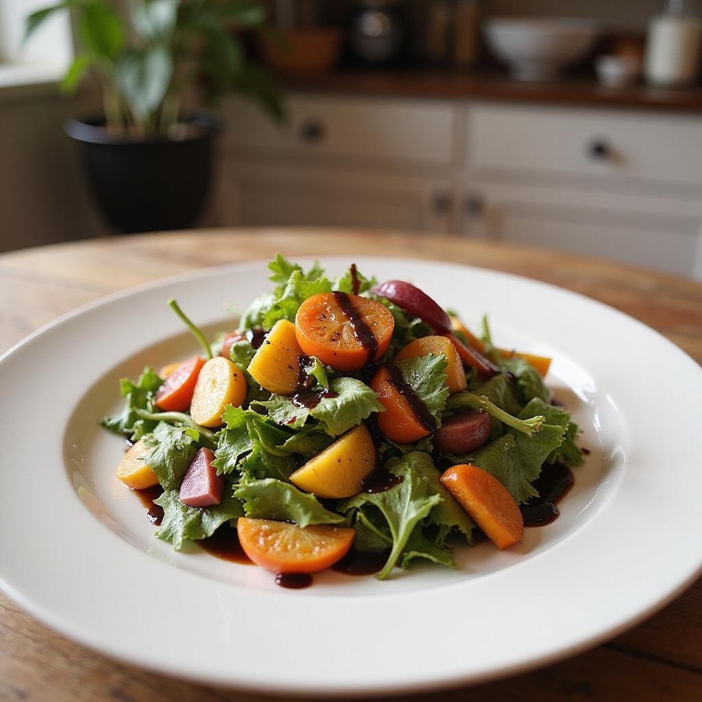 Gourmet salad with vibrant vegetables and balsamic glaze, presented on a white plate, highlighting affordable yet impressive home-cooked cuisine.